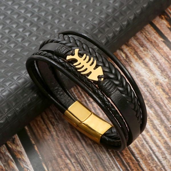 

Popular Men Style Multi Layered Leather Fish Charm Bracelet Stainless Steel Buckle Bangle for Gift