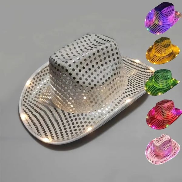 

Popular 100pcs Cowgirl LED Hat Flashing Light Up Sequin Cowboy Hats Luminous Caps Halloween Christmas Costume Accessories 920