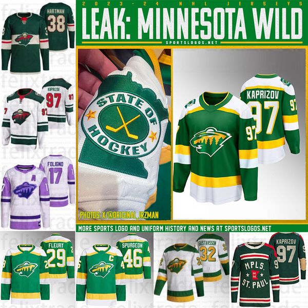 Minnesota 2023-24 Alternate Breakaway Jersey Kirill Kaprizov 29 Marc-Andre Fleury Wild 90 Ryan O'Reilly Joel Eriksson Ek Mats Zuccarello Alex Goligoski Matt Boldy