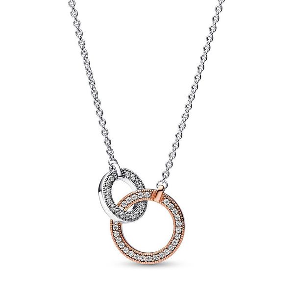 

Signature Two tone Intertwined Circles Necklace Authentic 925 Sterling Silver With Clear Cubic Zirconia DIY Fine Jewelry Necklace 382778C01-45