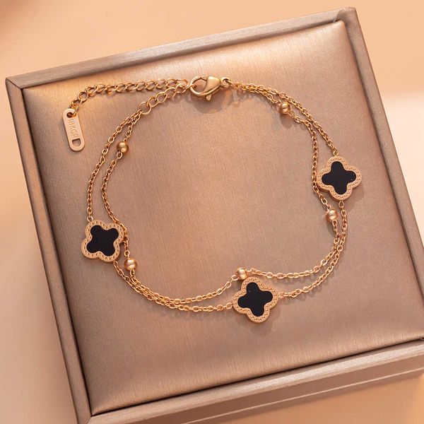 

Designer bracelet four-leaf Clover luxury top jewelry double-layer double-sided four leaf grass Bracelet Female design 18k rose gold titanium steel Jewelry gift