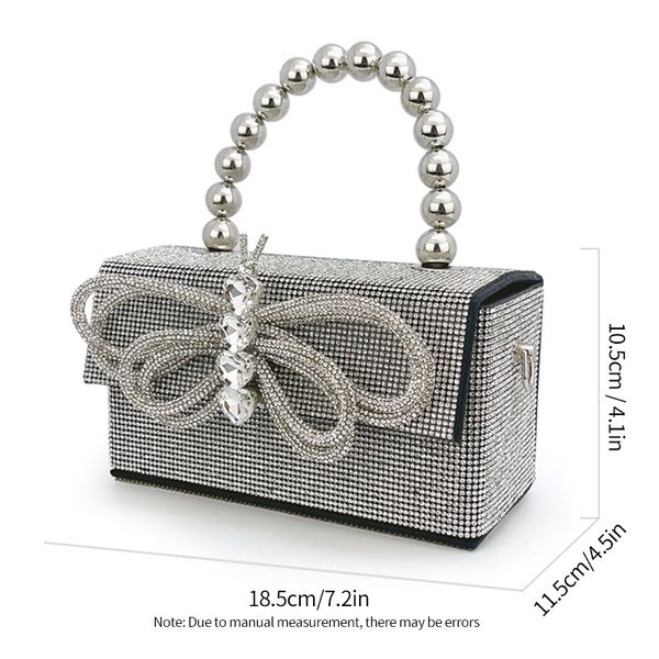 

Factory outlet shoulder bags luxury sweet and lovely bow women chain bag styling square diamond handbag popular shiny beaded retro handbags, Silver