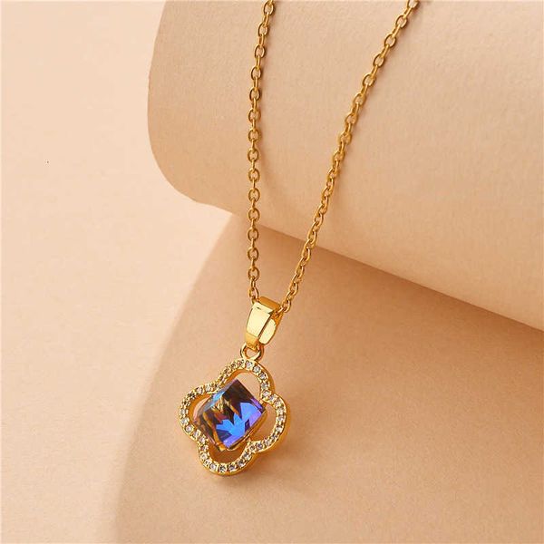 

Designer necklace four-leaf Clover luxury top jewelry ocean Heart Necklace female clover blue crystal pendant 18K Gold titanium steel chain Jewelry gift Van Clee, 8972 colorful gems