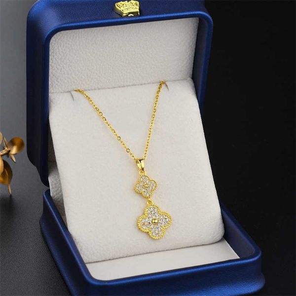 

Designer necklace four-leaf Clover luxury top jewelry clover Zircon necklace female 18K real gold color preserving titanium steel necklace Jewelry gift Van Clee, 861 double clover necklace