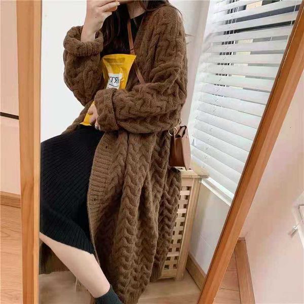 

Fashion men's wear Twist V-Neck Sweater Cardigan women's autumn and winter new gentle wind loose versatile medium long knitted jacket women, Khaki