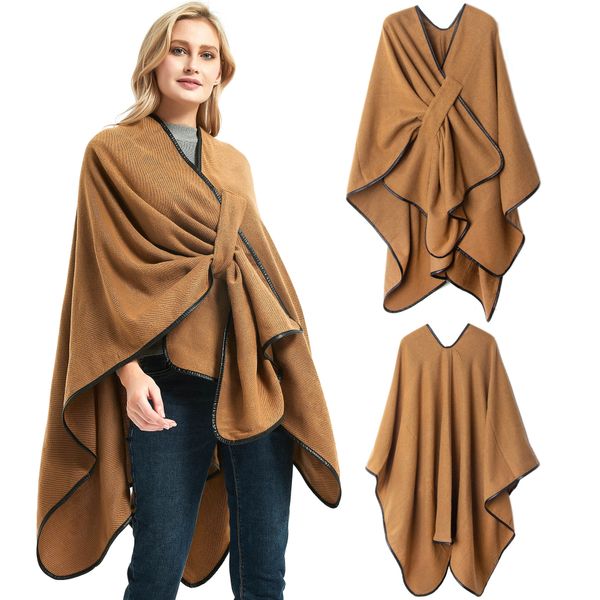 

OC0045 European and American Women's Shawl Fashion Buckle Leather Edge Solid Color Split Acrylic Cape, Sandybrown