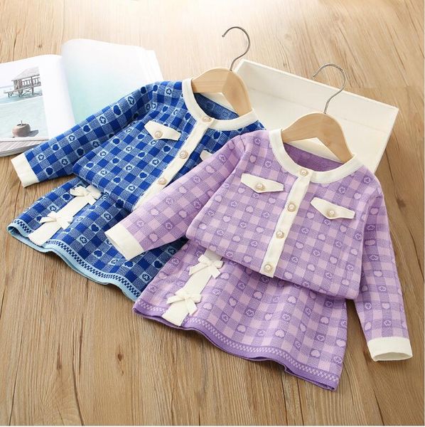 

Spring Autumn Cute Baby Girls Knitted Clothing Sets Kids Long Sleeve Knitted Cardigan+skirts 2pcs Set Children Outfits Girl Suit 2-7 Years, Blue