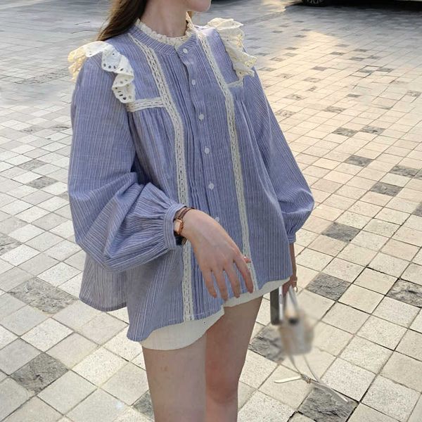 

Fashion men' wear Ice extract sweet tea blue French design feeling loose fitting top niche lace stripe long sleeved shirt for women 2023 trend, Blue5
