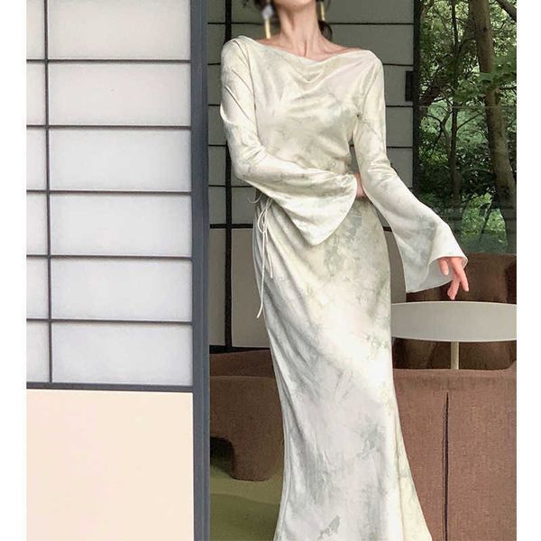 

Fashion men' wear White Tea Qinghuan Long Sleeve Dress 2023 New Women' Dropping Feel French Wrapped Hip Skirt Design Trendy, Green3