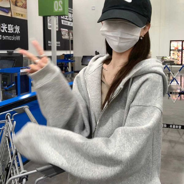 

Fashion men's wear 2023 Spring and Autumn New Grey Sweater Coat Women's Zipper Cardigan Hooded Loose Casual Small Top, Grey cotton+double