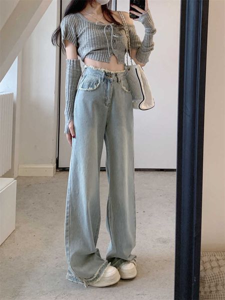 

Fashion men' wear White Wide Legged Jeans for Women' 2023 Summer New Loose Design Tassel Fur Edge Straight Pipe Floor Slam Pants, White6