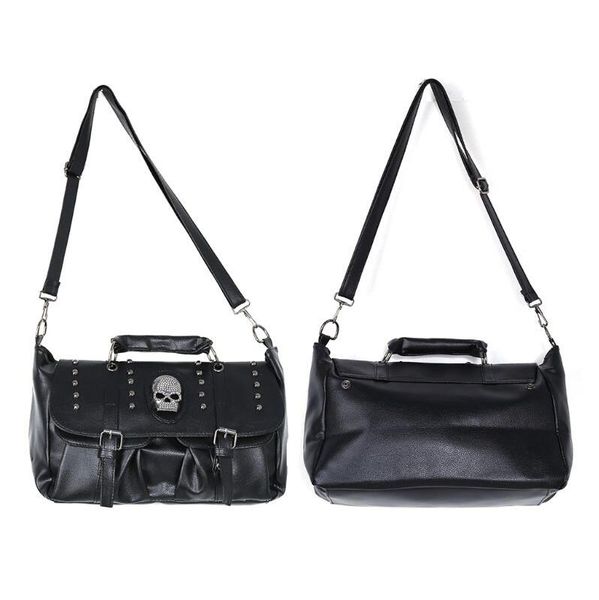 

Factory wholesale shoulder bag street personality Skull punk handbags trend flip multi-layer leather men handbag daily Joker outdoor leisure rivet backpack, Black