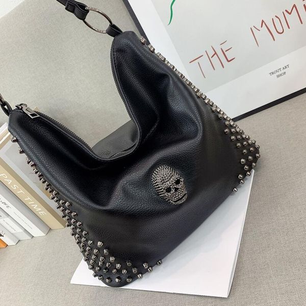 

Factory sales shoulder bags soft and light casual leather handbag street personality rivet punk backpack cool ghost head fashion messenger bag, Black