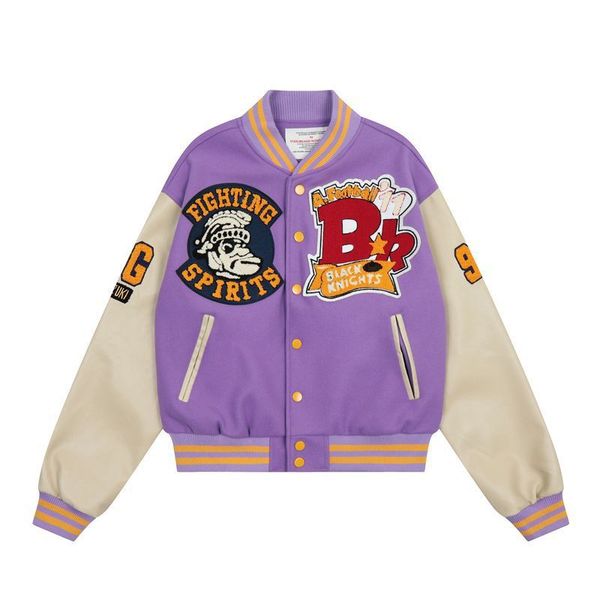 

Letter Embroidery Warm Bomber Coat Women Vintage Stand Collar Leather Sleeve Jacket Couples Autumn Mens Baseball Jackets Loose Red Green Purple