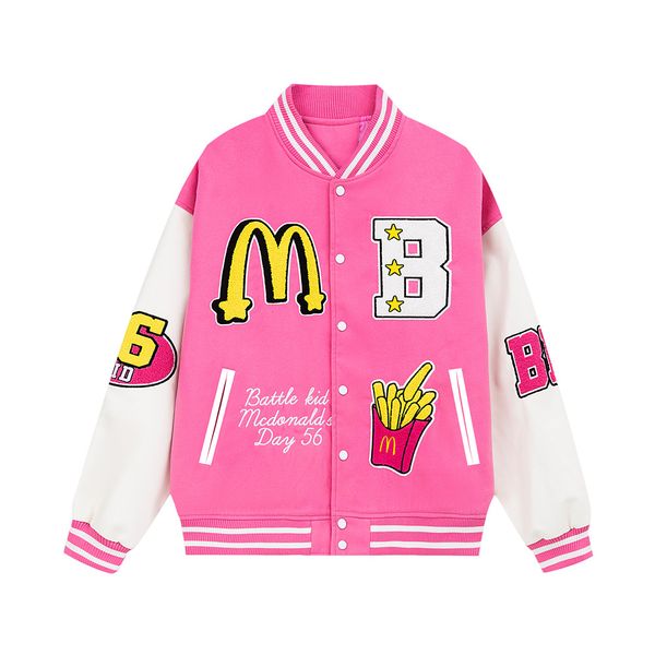 

Usa Leather Sleeve Single Breasted Coat Fashion Outerwear Women Clothing Chips Letter Embroidery Baseball Jacket For Man Loose, Pink