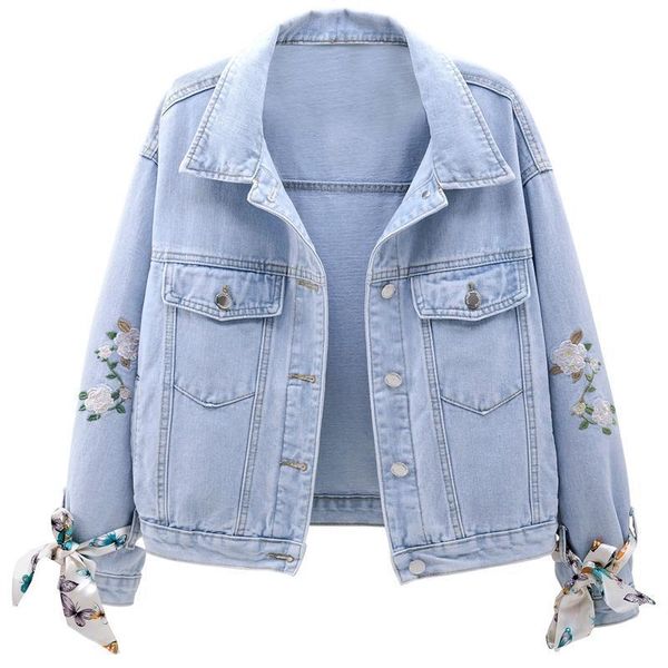 

2023 designer Women' new denim coat fashionable loose flowers embroidered silk scarf with denim jacket for women, Blue