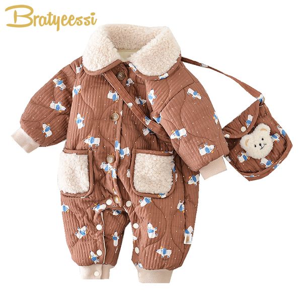 

Rompers Fleece Baby Winter Jumpsuits with Bag Bear Korean Born Romper for Girls Boys Clothes Thicken Toddler Outfit Set Infant Onesie 230923, Romper and bag