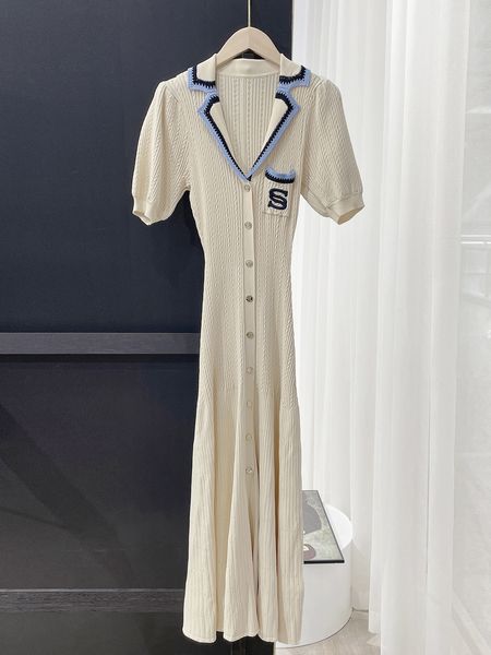 

Dress women 2024 fashions Sandro Embroidered V-neck Knit Short Sleeve Midi New clothing ladies woman classic WHITE dresses off shou, Beige