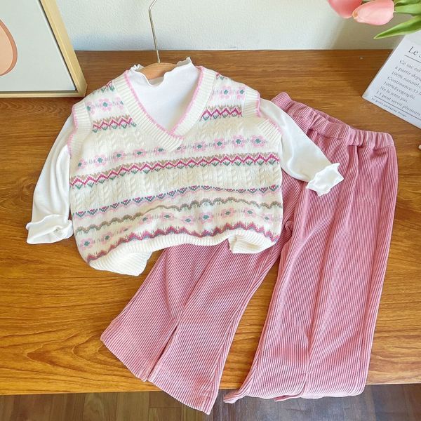 

Clothing Sets Autumn Girls Fashion Knitwear Sweater Vest Base Shirt and Trousers Threepiece Set Childrens Collegiate Style Cotton Clothes 230923, Pink