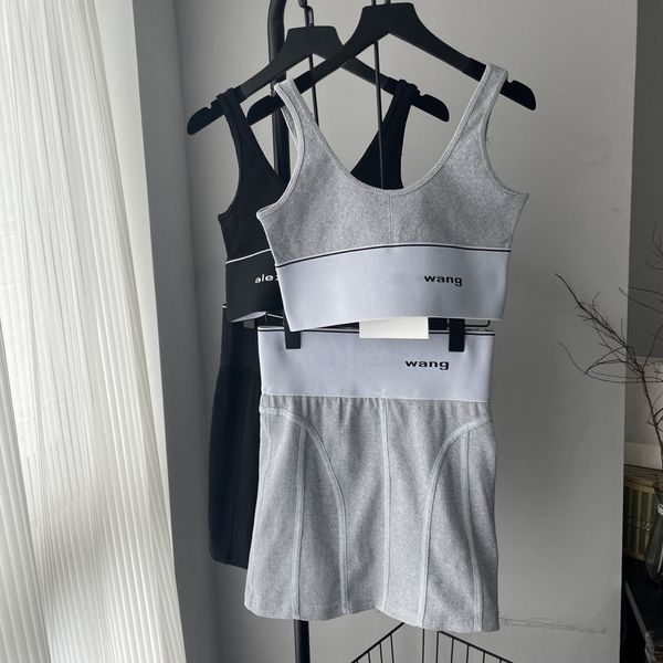 

Girls Overskirt Tracksuits Fashion Sexy Ribbon Yoga Vest Super Elasticity Tank Top Skirt Classic Letter Women Suit Set High Quality SML, Gray