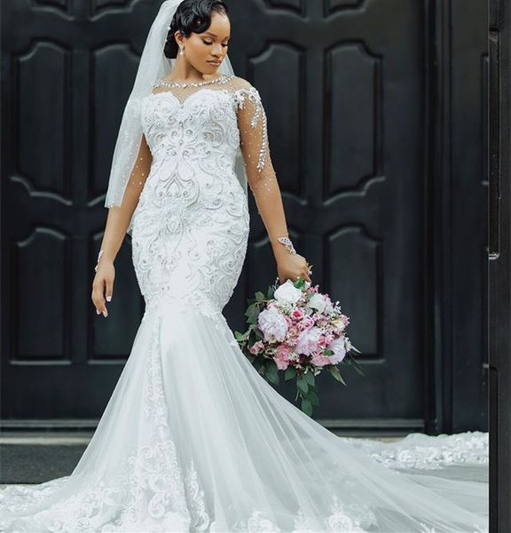 2023 Oct Arabic Aso Ebi Lace White Mermaid Wedding Dress Beaded Crystals Tulle Vintage Bridal Gowns Dresses ZJ302