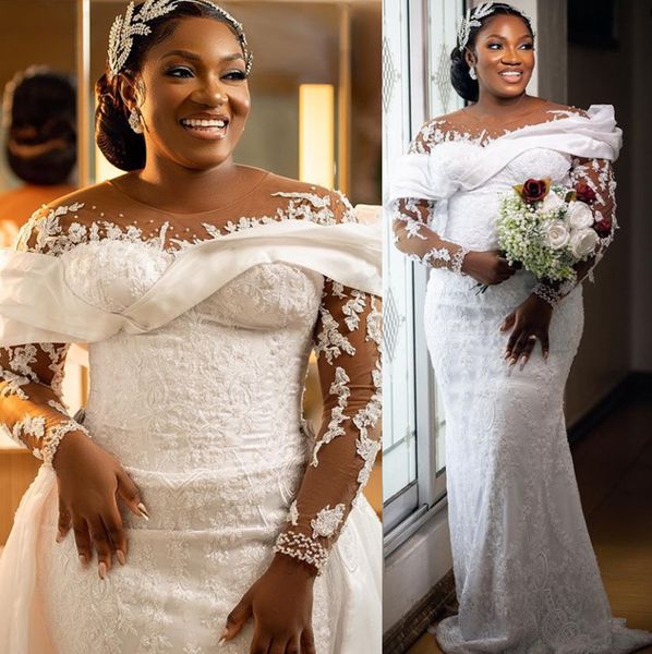 2023 Oct Arabic Aso Ebi White Mermaid Wedding Dress Lace Beaded Detachable Train Sexy Bridal Gowns Dresses ZJ2033