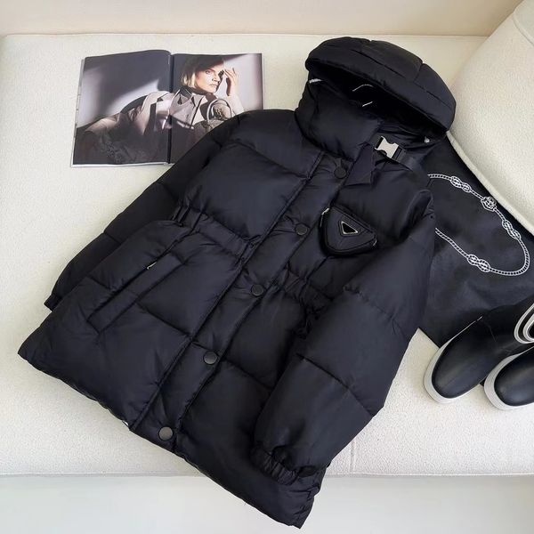 

23WF Waist Elasticity Down Jacket Woman Designer Parkas Coats Medium Length Triangular Outerwear Downs Hooded Casual Warm Winter Clothes SML, Black
