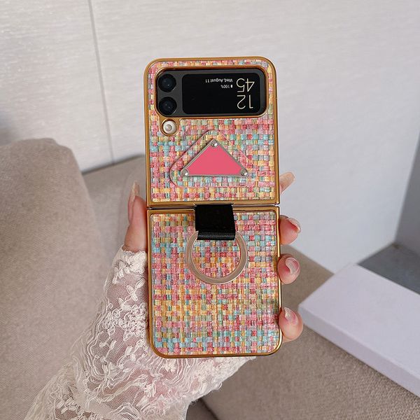 Weave Designer Phone Case for Samsung Galaxy Z Flip 7 6 5 4 3 Luxury PU Leather Chromed Back Cover Strap Lanyard Finger Ring Holder Fundas Coque Shell Rainbow