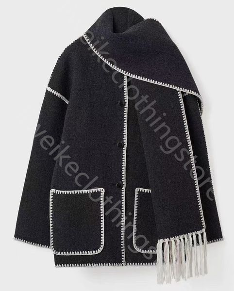 

Designer Jacket Women Jackets Tweed Jacket Womens Contrast Trim Scarf Jacket Casual Elegant Vintage Winter Jacket Tweed Coat, Lightgrey