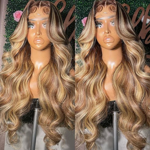 

Human Brazilian Hair Blonde Highlight Lace Front Wig Body Wave 360 Full Lace Wig Synthetic Pre plucked Honey Blonde Wig