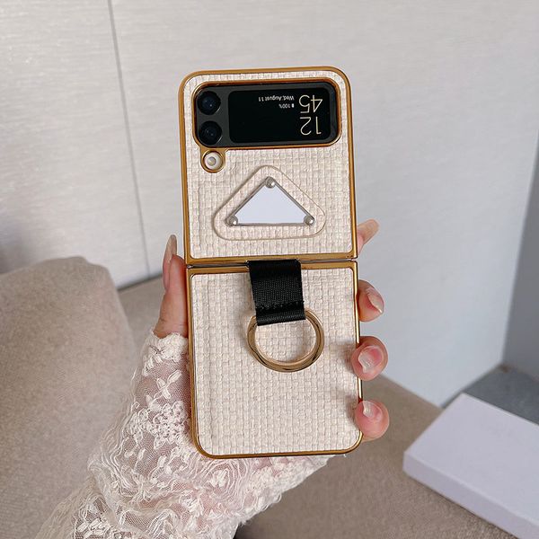 Weave Designer Phone Case for Samsung Galaxy Z Flip 7 6 5 4 3 Luxury Leather Chromed Back Bumper Cover Strap Lanyard Finger Ring Holder Fundas Coque Shell White