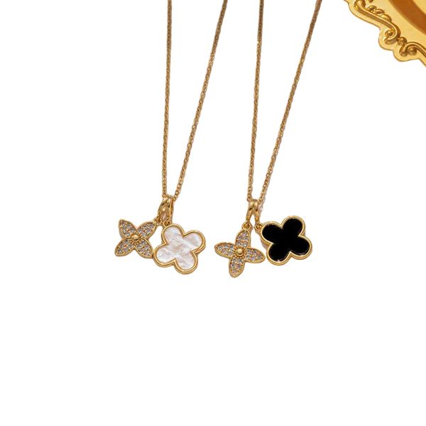 

Designer necklace four-leaf Clover luxury top jewelry titanium steel white diamond black and shell chain inscape versatile Van Clee gift, 8922 blackshell