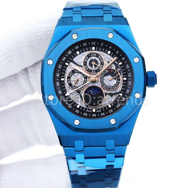 

Top Fashion Automatic Mechanical Self Winding Watch Men Blue Hollow Dial 41mm Sapphire Glass Day Date Moon Phase Casual Wristwatch Full Stainless Steel Clock 3251