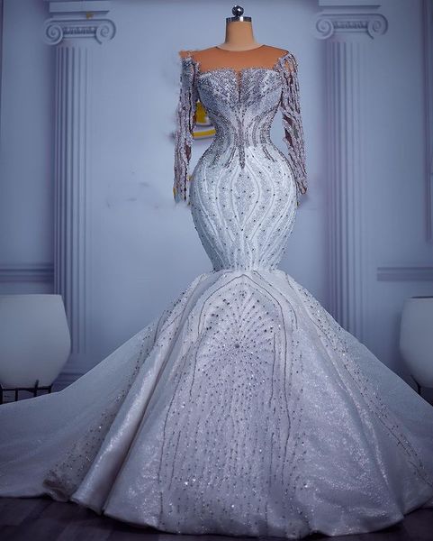 2023 Oct Arabic Aso Ebi Plus Size Mermaid Crystals Wedding Dress Sequined Lace Beaded Bridal Gowns Dresses ZJ354