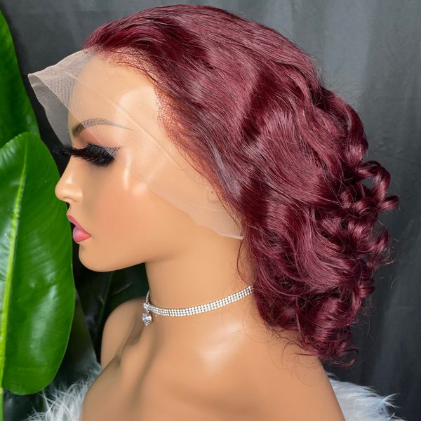 

Brazilian Malaysian Peruvian Indian Human Hair 99J Wine Red Loose Wave 13x4 Transparent Lace Wig Lace Frontal Short Wig, #99j