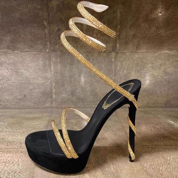 

Rene caovilla crystal encrusted Platform sandals 12.5cm Snake Strass stiletto Heels Caovilla Cleo women Designers Ankle Wraparound Evening shoes factory footwear, 1_color