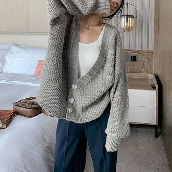 

Korean Style Knitting Cardigan Simple Casual Sweater Jacket 2023 Women Autumn Winter Newzy La Loose Fitting V-neck Top Solid, Beige