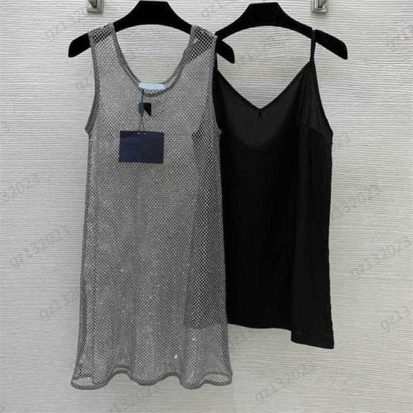 

Dress Designer Luxury Summer Drill Fashion Sexy Mesh Hollowed Out Sleeveless Sundress Solid Color Lightweight Fabric V-neck Lining Leggings Skirt AT8V