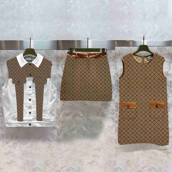

two Women dress designer luxury full print dresses lapel Sleeveless top and Spliced leather skirts #szfp650 Casual fashion leisure street sets 6PZL, Khaki-tops
