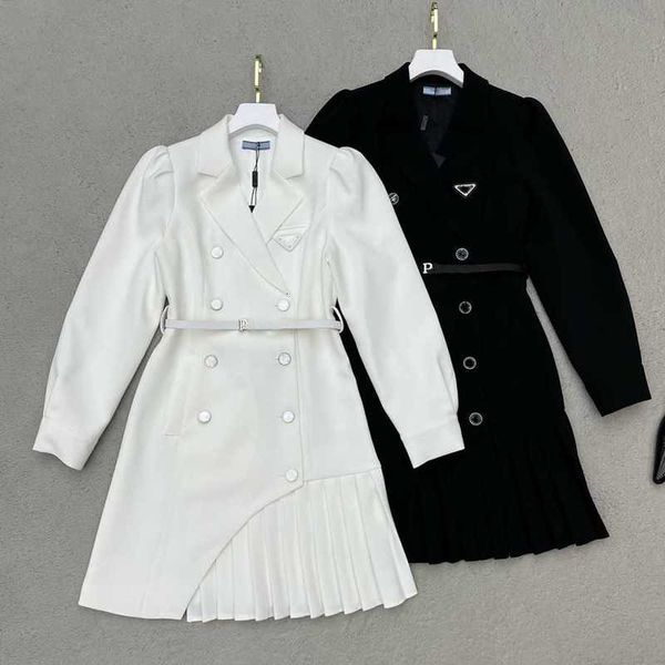 

Two Piece Dress Womens Casual Dresses Fashion Suit Pleated Double-breasted Suits Elegant Women Long Sleeves Summer Classic Print ss YC9N, Black