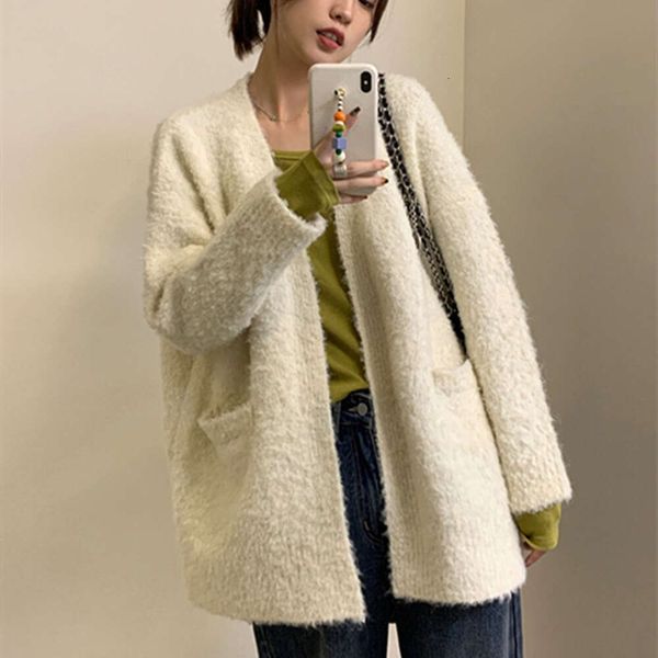 

2023 French V-neck Casual Cardigan Women Autumn Winter Solid Lazy Style Warm Soft Sweater Ladies Knit Cardigan Coat 5 Colors, White