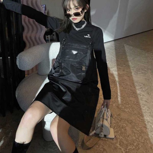 

Basic Casual Dresses designer Spring summer women's clothing triangle function dark series ribbon nylon suspender skirt women M0AL 12KU, Black
