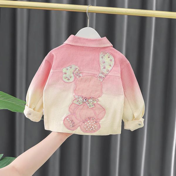 

Jackets Gradient Denim Coat For Girls Strawberry Appliques Lapel Collar One Breasted Kids Jean Jacket Sequined Rabbit Pattern Outerwears 7a9a, Pink