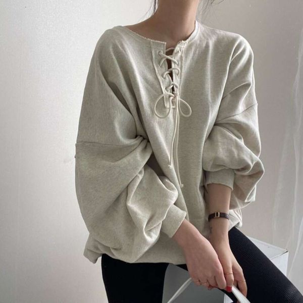 

Women's Spring Autumn New Lace Up Pullover Korean Chic Lantern Sleeve Sweatshirt Loose Top Versatile Fashion O-Neck Shirt Solid, Black