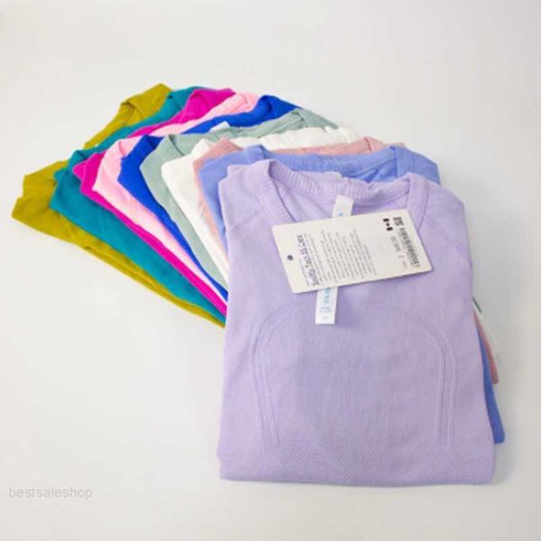 

lu short sleeve yoga shirt o neck sports t-shirt women fitness knitted high elastic breathable athletic workout tee sportwear 2023 sell good