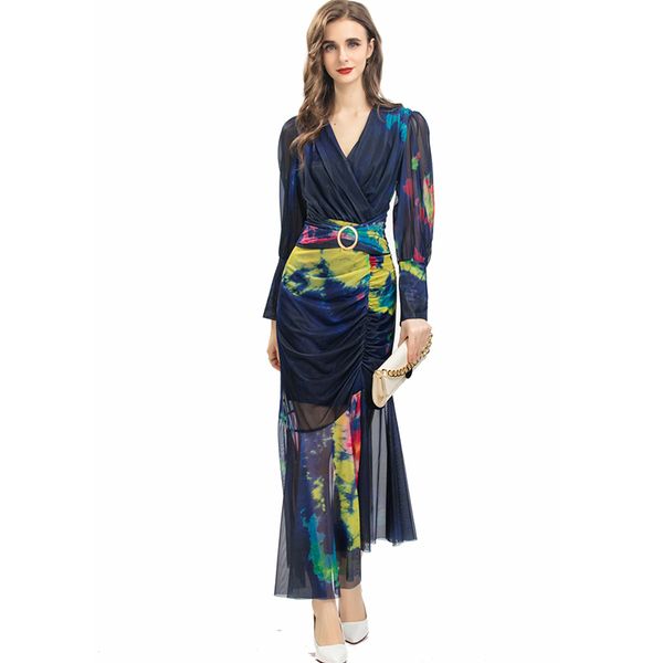 

women's dress v neck long sleeves printed ruched picked up fashion designer vestidos, Black