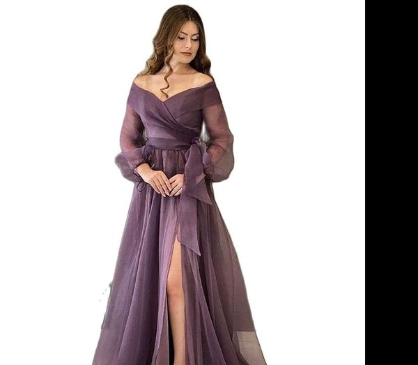 

prom dresses long sleeves a-line side slit tulle with zipper back vestidos de fiesta de noche evening gowns, Black