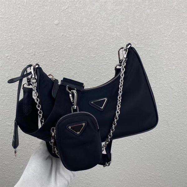 

nylon yarn iconic mini hobo bag detachable pouch attached to the shoulder strap women chain handle logo-print woven handbags235q