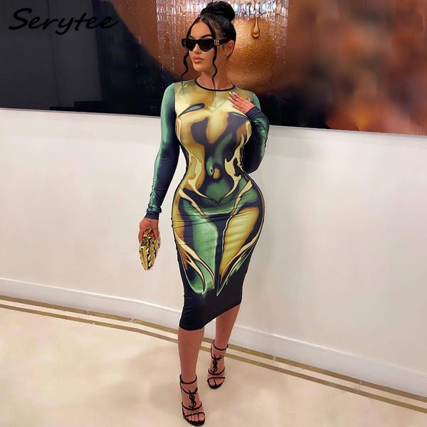 

serytee body print bodycon dress for women 2023 spring round neck long sleeve skinny pencil dresses night club party y2k robe women's c, Black;gray