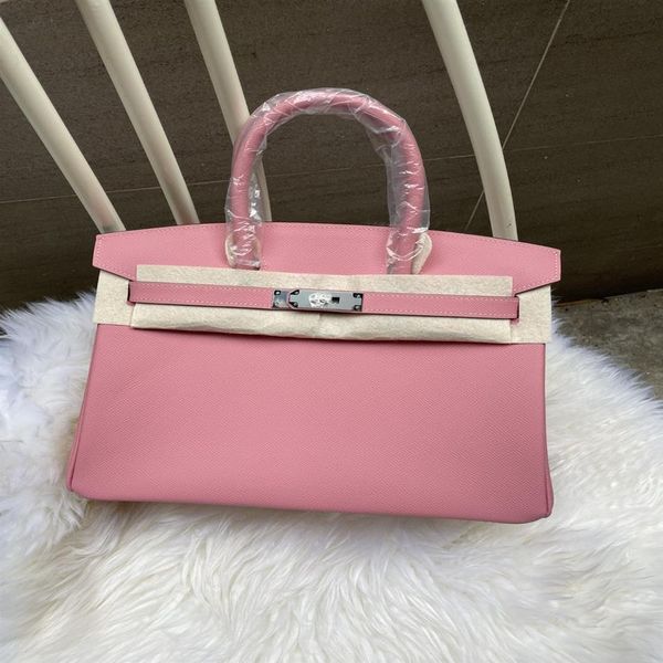 

30cm luxury purse handmade quality pink color epsom leather wax line stitching gold and silver hardware whole also have 3246